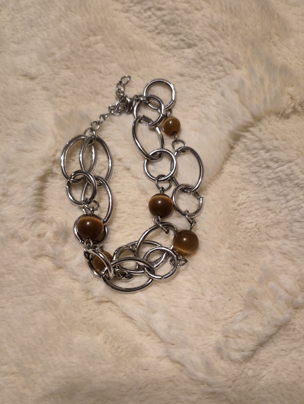 Silver Chain Bracelet with Brown Bead Accents